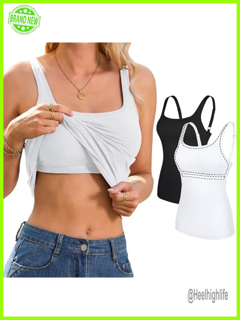 Non-Padded Shelf Bra Tank Top Cotton Adjustable Wide Strap Camisole 2 Pack